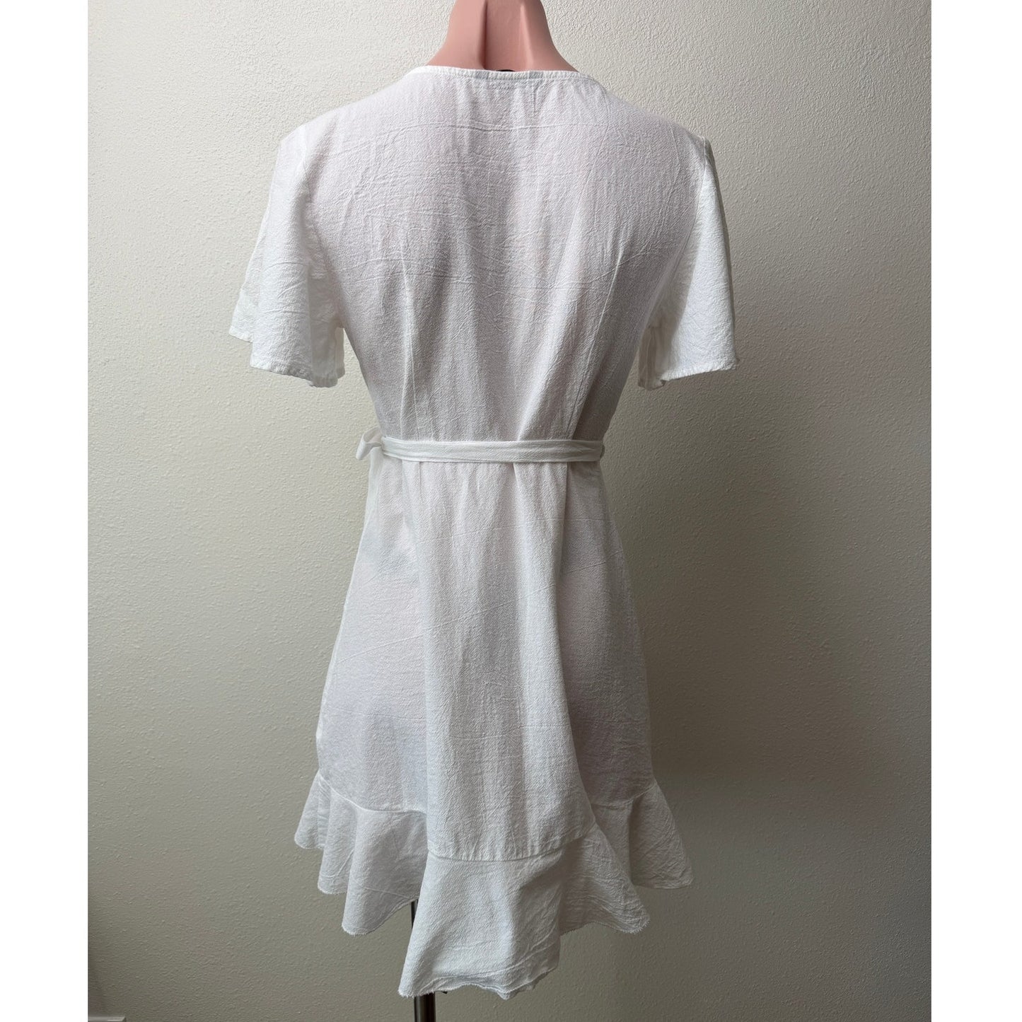 SHEIN White Cotton Wrap Mini Dress Short Sleeve Ruffle Hem Women's S