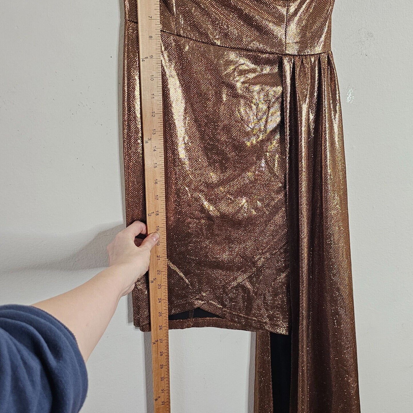 Bronze Gold Metallic Sweetheart Neck Sleeveless Bodycon Mini Long Sash Dress SM