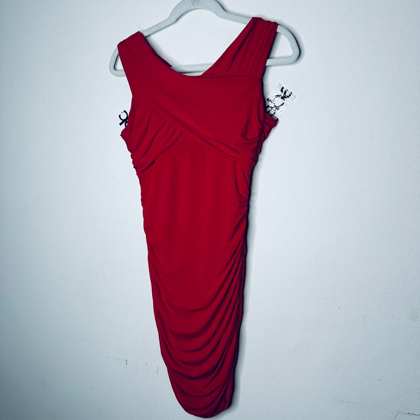 Guess Deep Red Ruched Draped Off-Shoulder Cross Back Mini Dress S