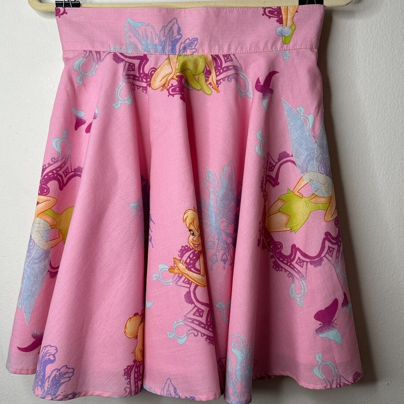 RARE Vintage Pink Tinker Bell Print Circle Skirt Lined Zip & Button Close S