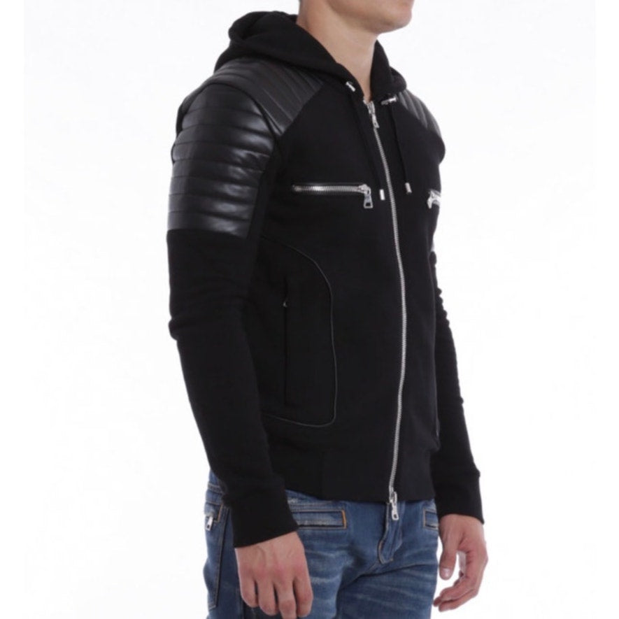 Balmain Black Moto Hoodie Leather-Shoulder Zip Sweatshirt Men M