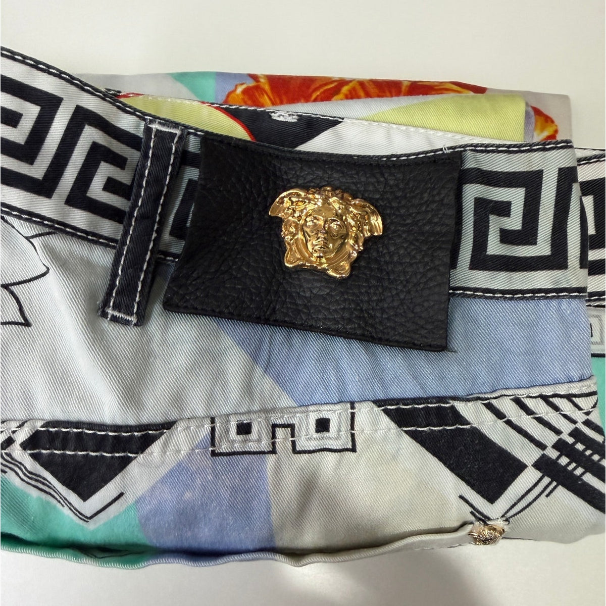 Versace Multicolor Floral Medusa Greek Key Print Cotton Jeans Men's US 34