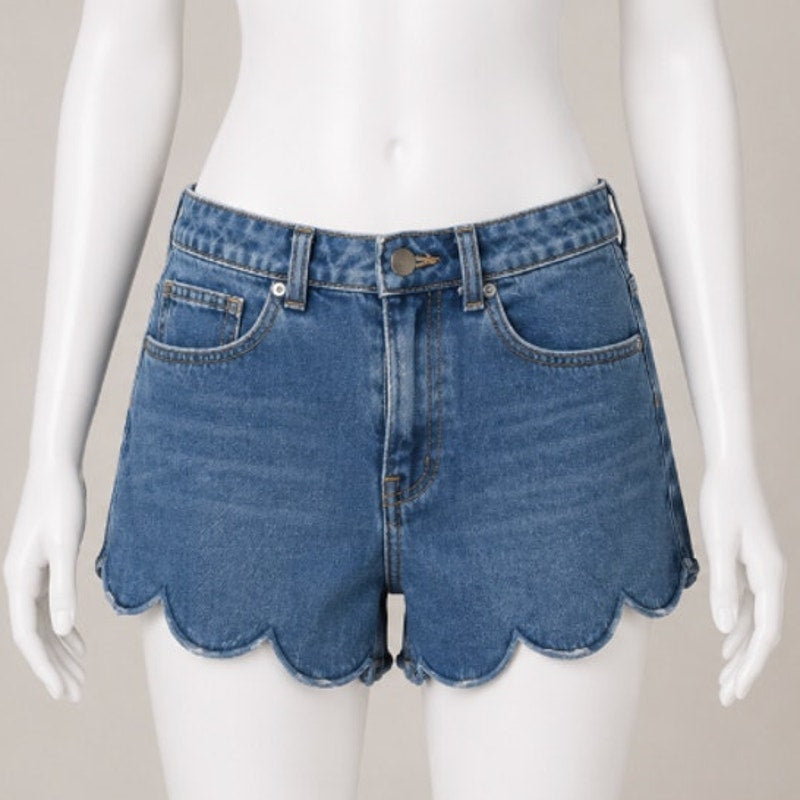 H&M Cute Blue 5 Pocket High Waist Shorts Zip Fly Button Close Scalloped Hem 6