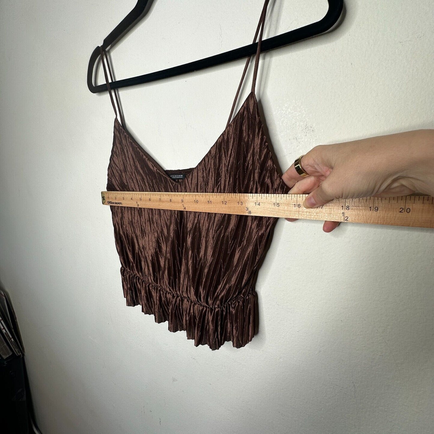 Zara Bronze Brown Travel Crinkle Satin Peplum Tank Spaghetti Strap V-Neck S