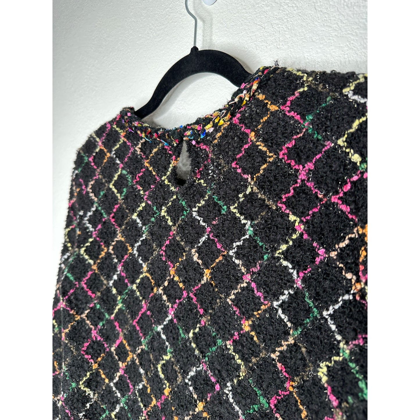 Zara Black Multicolor Boucle Knit Sweater with Pearl Detail on Sleeves Top S