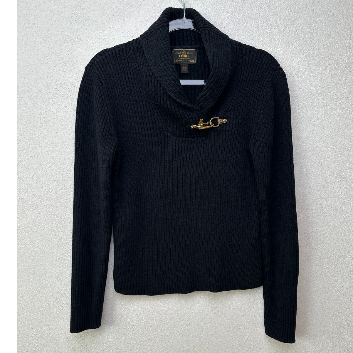 Ralph Lauren Black Ribbed Sweater with Gold Buckle Detail L