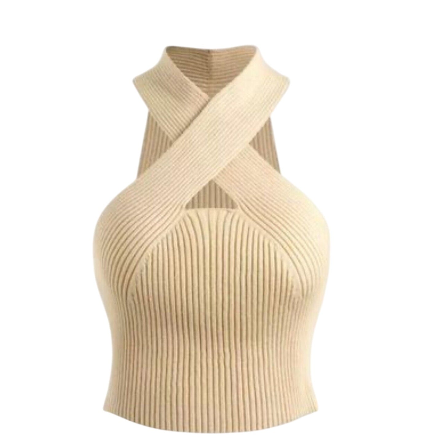 Cider Beige Ribbed Knit Sleeveless Criss Cross Front Halter Stretch Crop Top XL