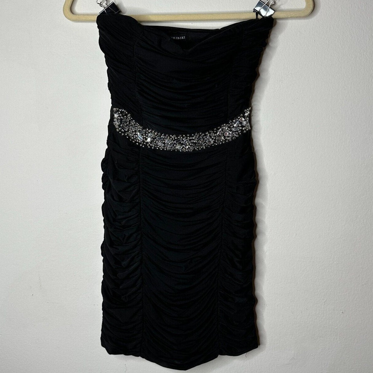 Nikibiki Black Strapless Ruched Bedazzled Rhinestone Front Waist Belt Mini Small