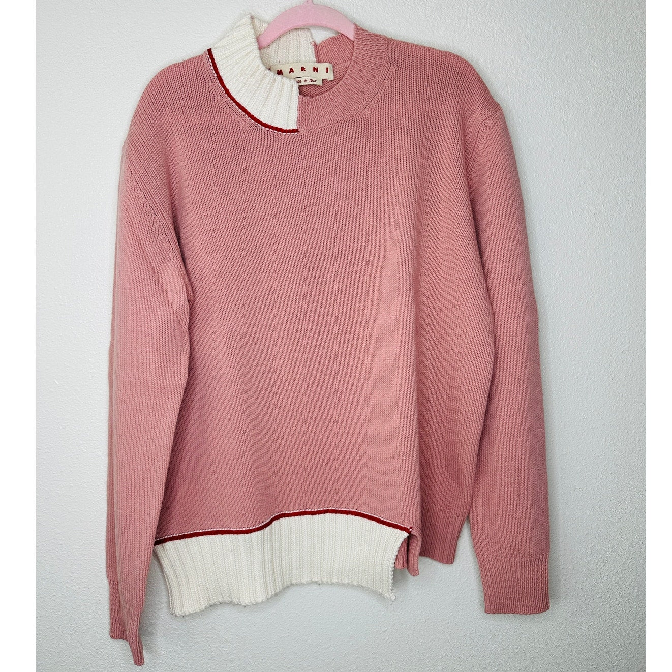 Marni Pink Cream Red Asymmetrical Neck & Hem Long Sleeve Sweater 46 / 10