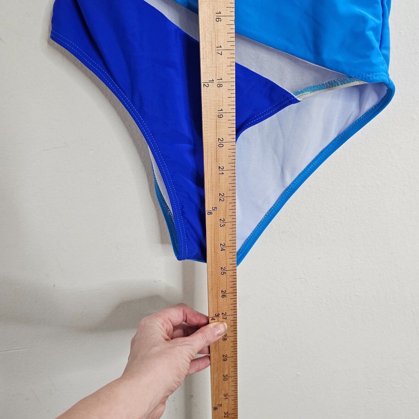 Blue & Teal Color Block Sheer Design One Shoulder Swim Suit One Piece Small