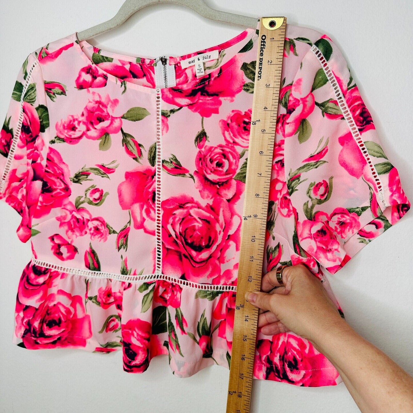May & July Hot Pink and Green Floral Rose Short Sleeve Peplum Crop Blouse S