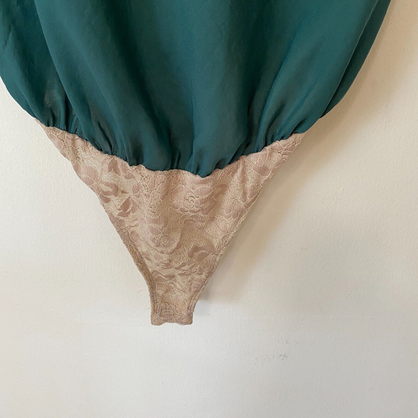 Free People Emerald Green Satin Blouson Bodysuit Tan Snap Lace Brief M
