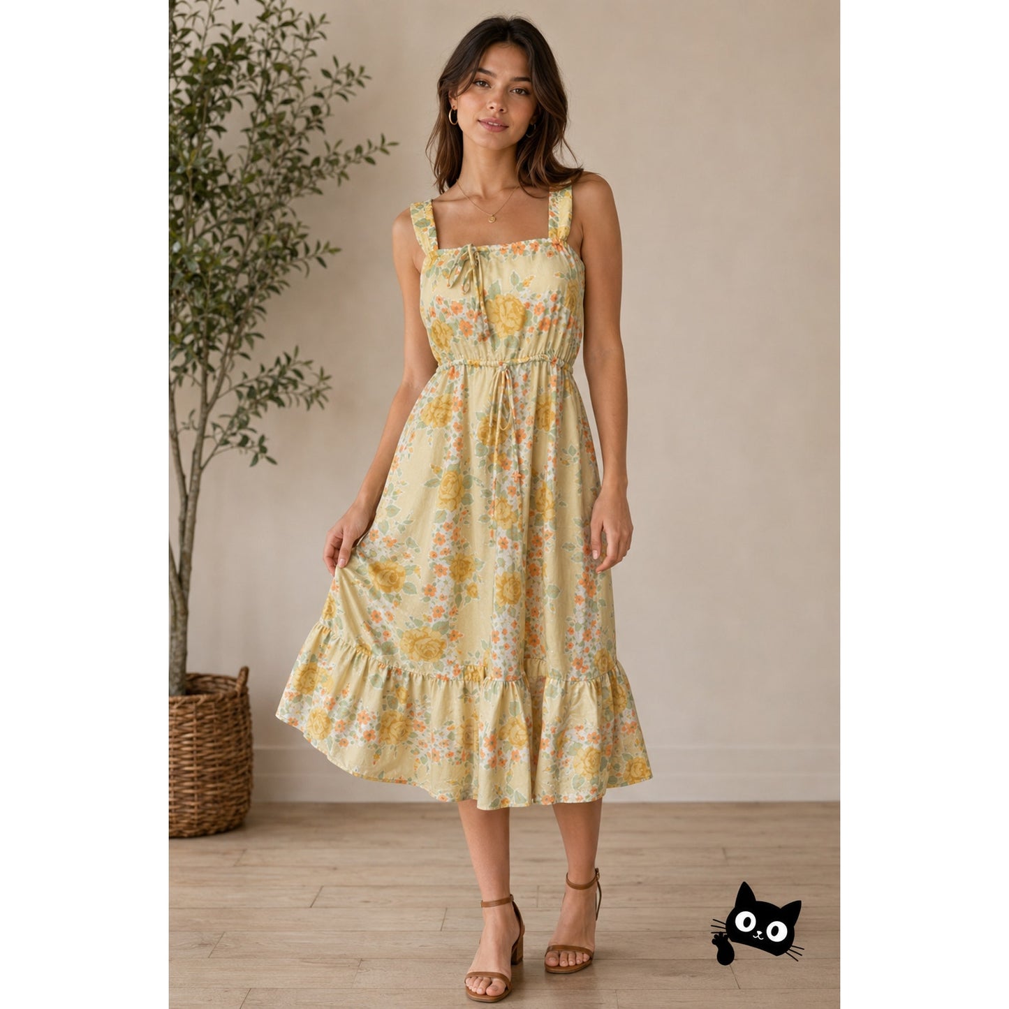Tammy Vintage Yellow Floral Prairie Dress Women’s S Tie-Front Ruffle