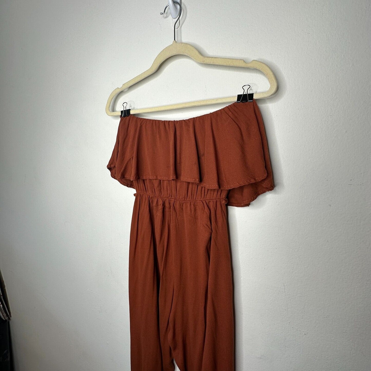 Angl Rust Bronze Brown Bandeau Ruffle Off-Shoulder Harem Slit Pant Jumpsuit SM