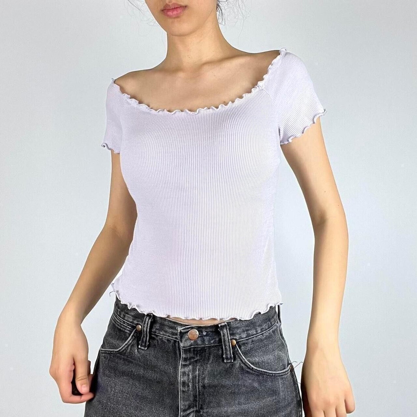 Brandy Melville White Crop Top Lettuce Trim Hem Neckline & Sleeve Rib Knit OS