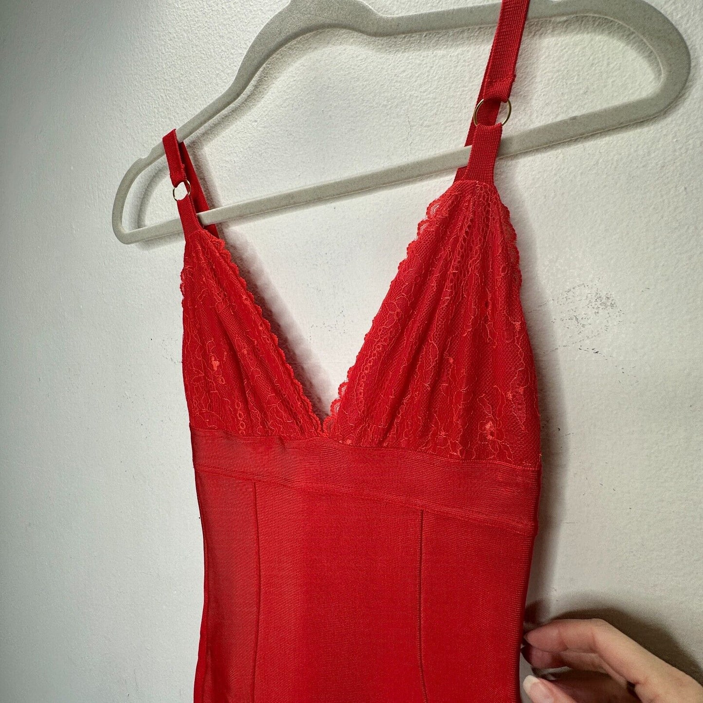 House of CB London Red Lace Trim VNeck Sleeveless Bodycon Bandage Dress Mini XS