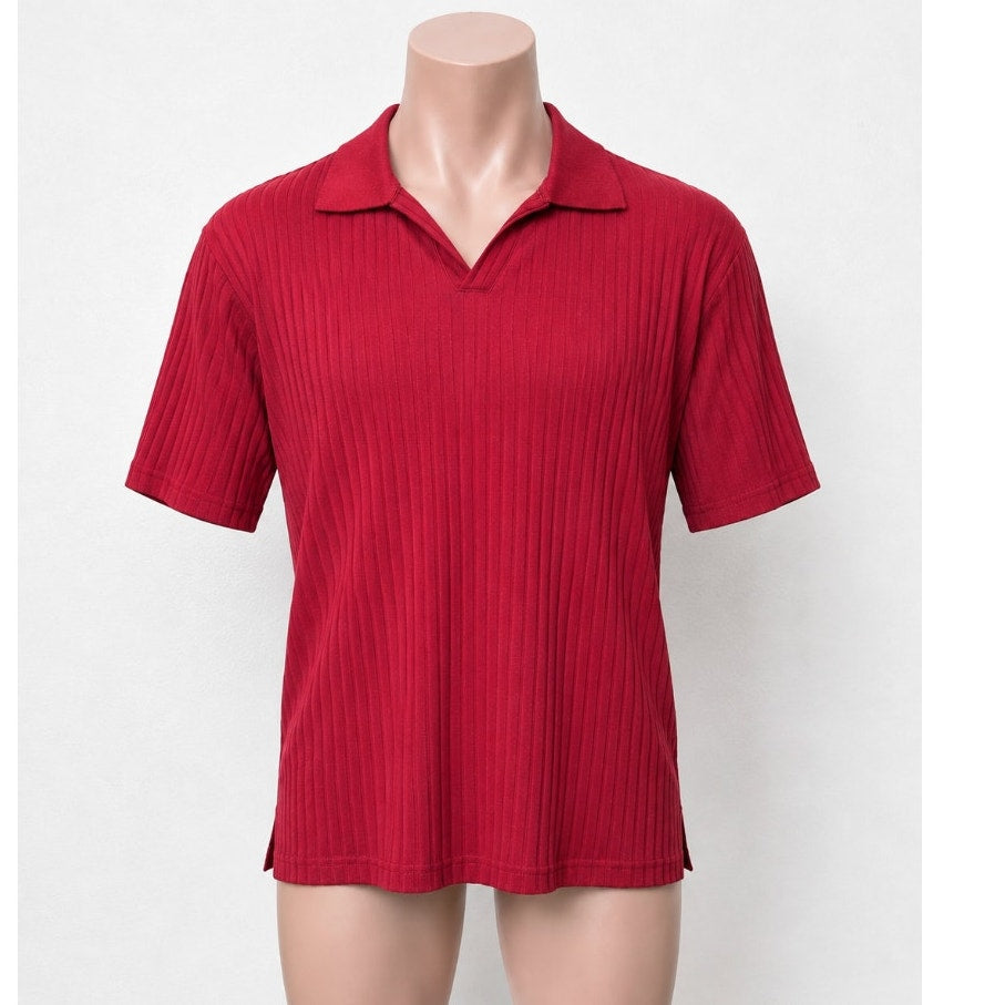 Men’s Red Ribbed Knit Polo Shirt Short Sleeve Size L