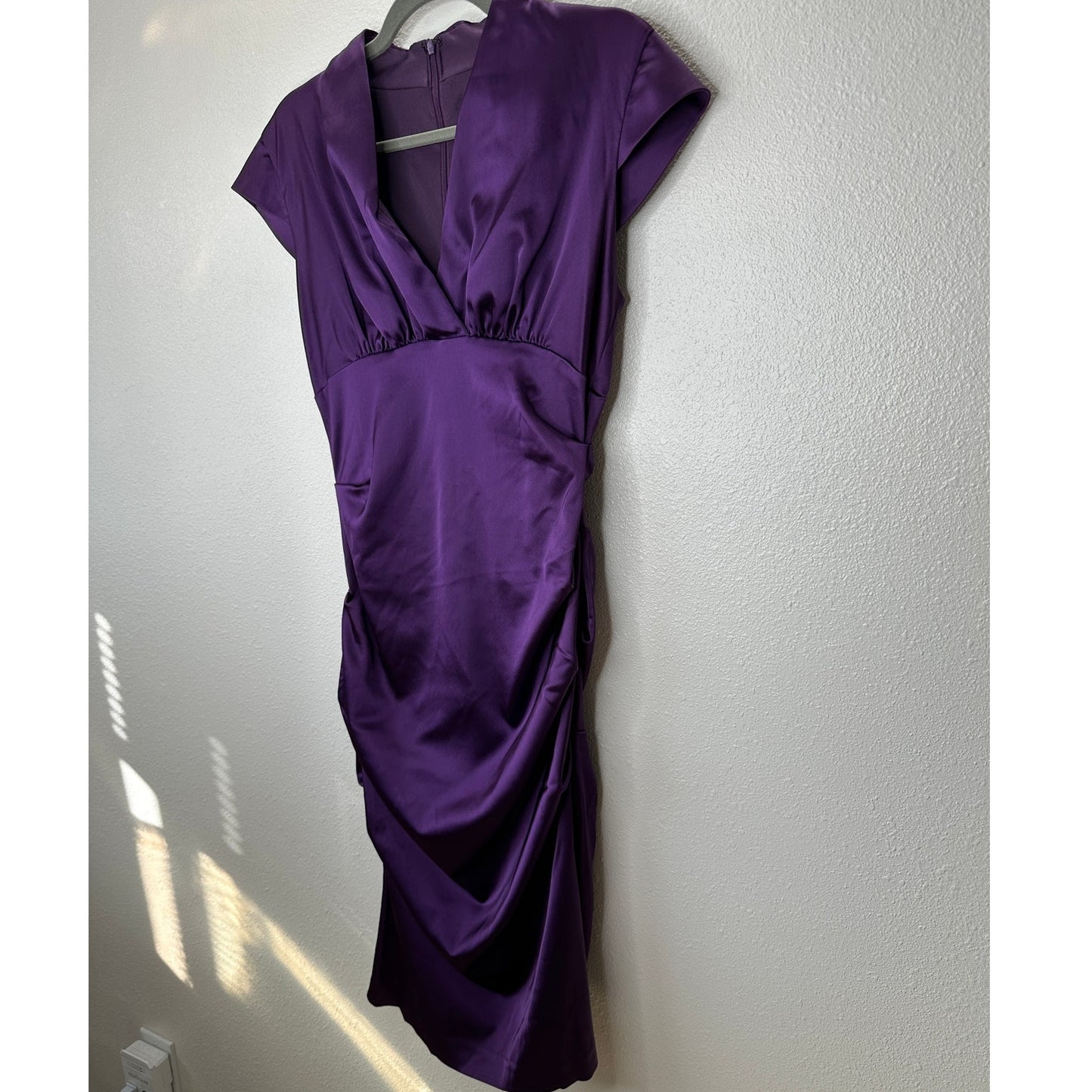 Xscape by Joanna Chen Purple Satin Faux V Neck Cap Sleeve Midi Dress 6