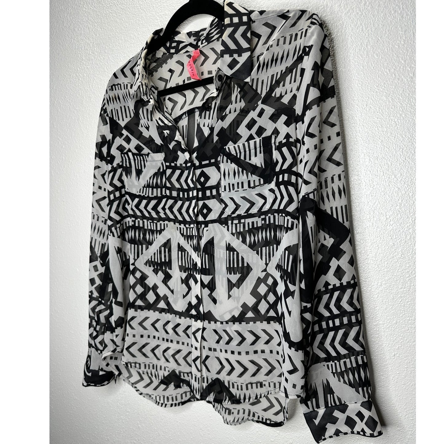 Eight Sixy Black & Gray Aztec Print Sheer Button Long Sleeve Blouse S