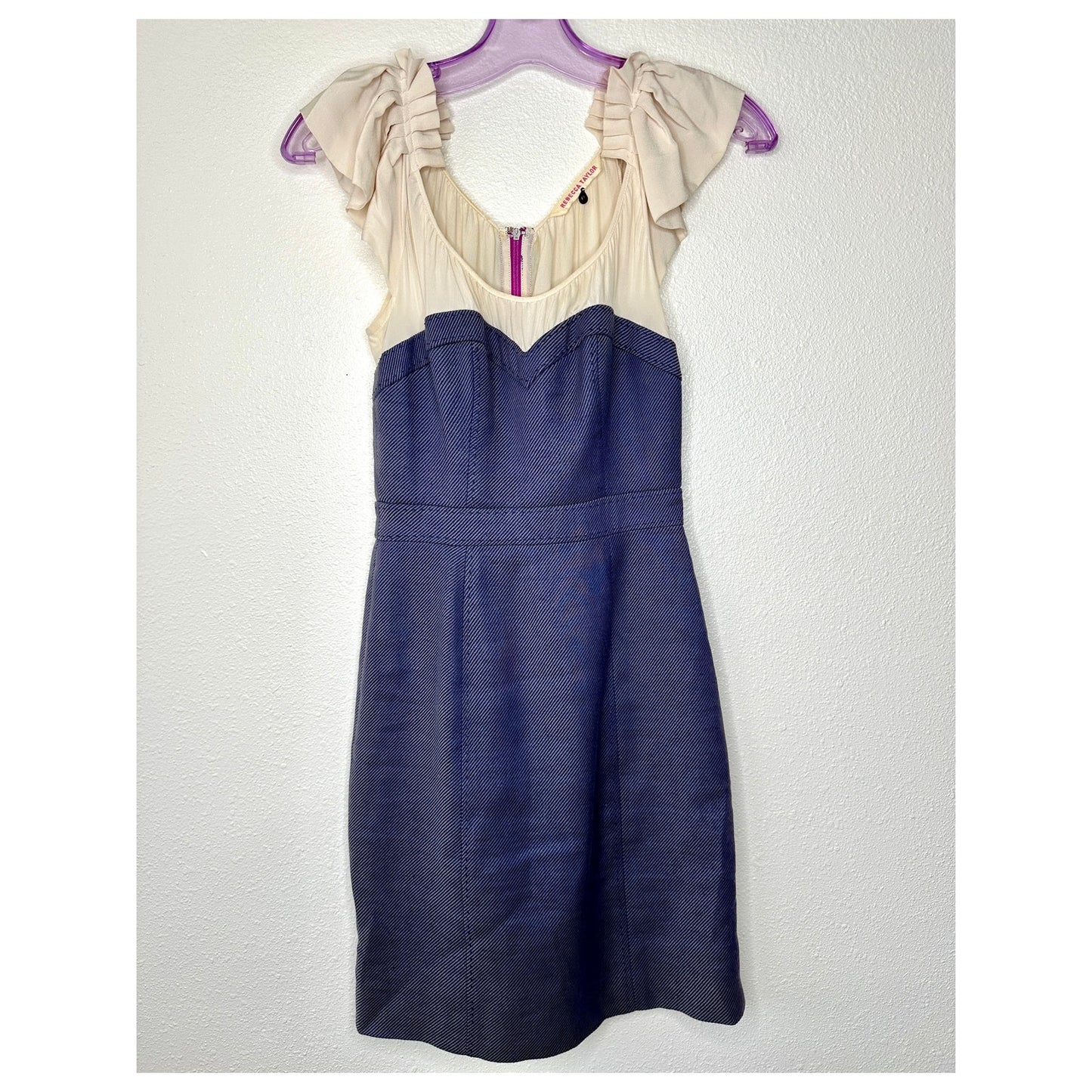 Rebecca Taylor Cream Ruffled Pleat Shoulder Blue Jean Stripe Linen Sheath Dress 0