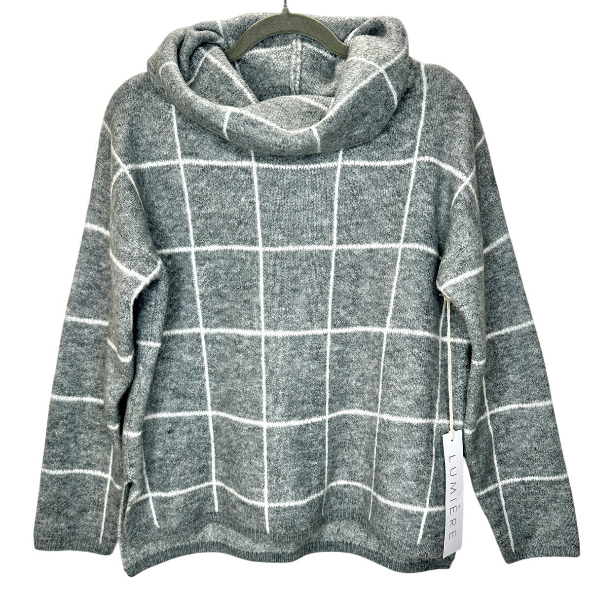 NWT Lumiere Gray & White Windowpane Cowl Neck Sweater S