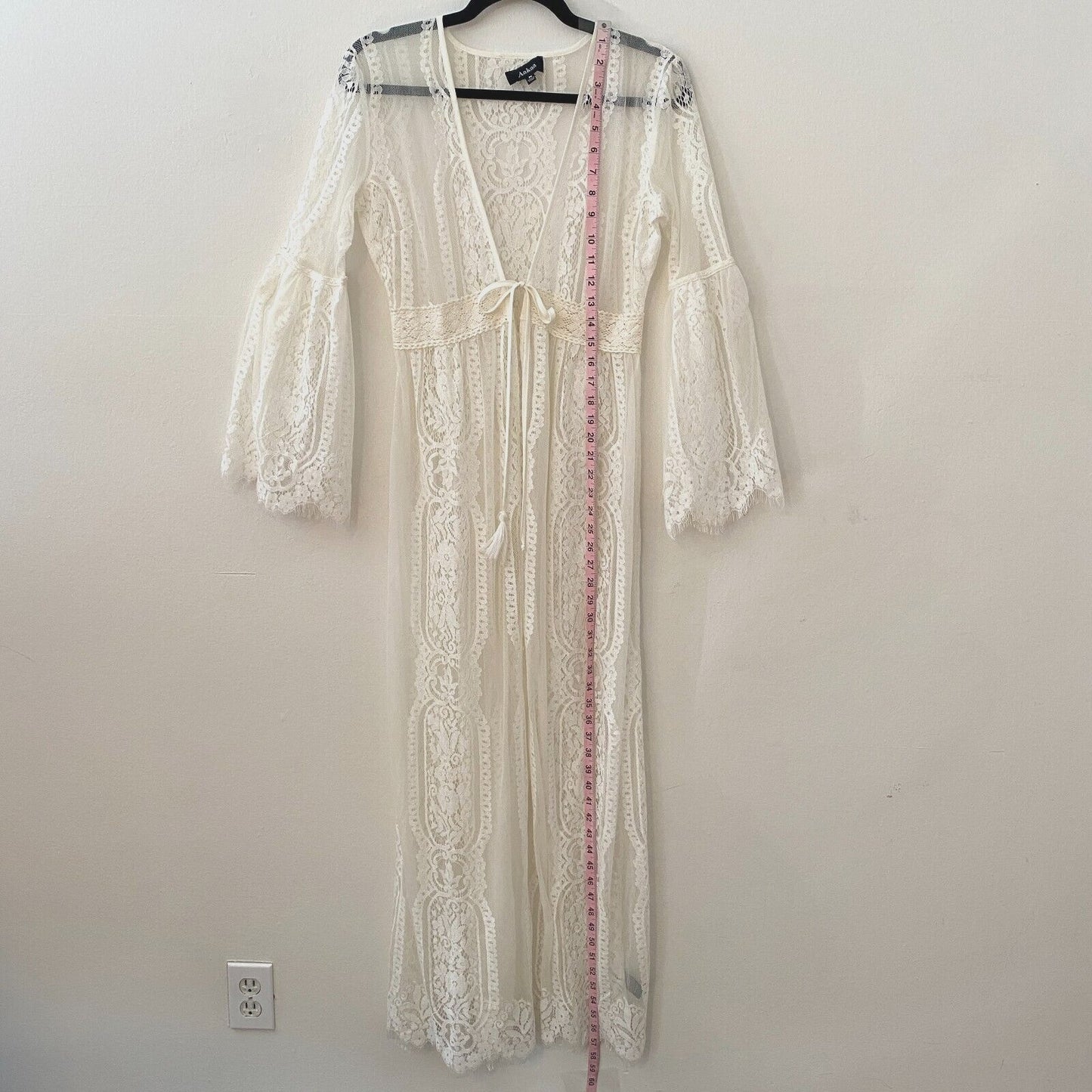 Sheer White Oval Shape Floral Lace Maxi Kimono Flutter Sleeve Beach Cover Up M