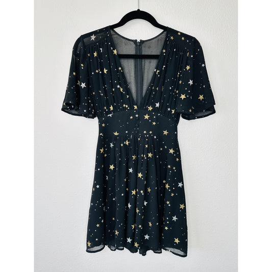 Privacy Please Ford Black Metallic Gold Silver Star Deep V Short Sleeve Dress XS