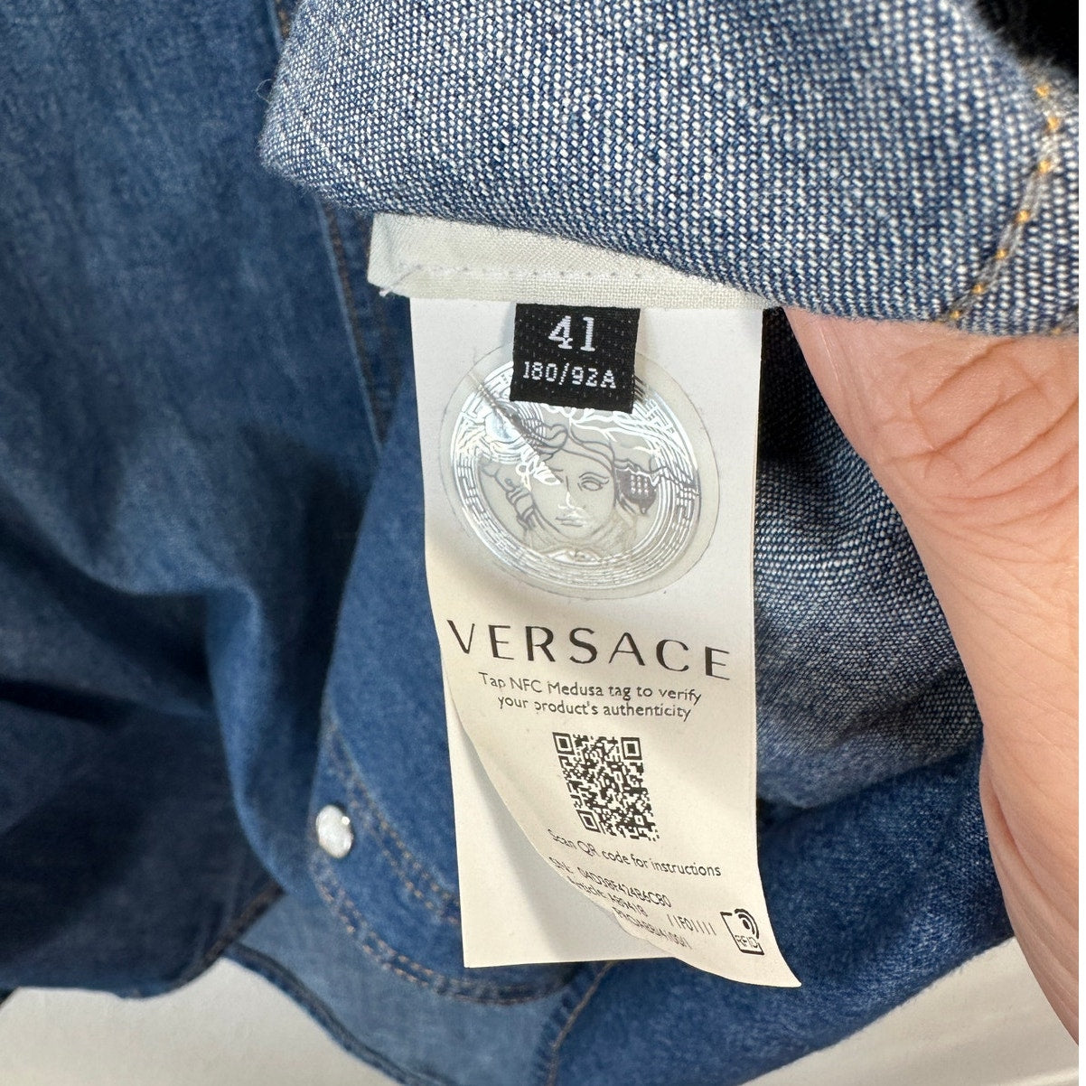 Versace Blue Denim Long Sleeve Pearl Snap Yellow Versace Logo Shirt 41 / Medium