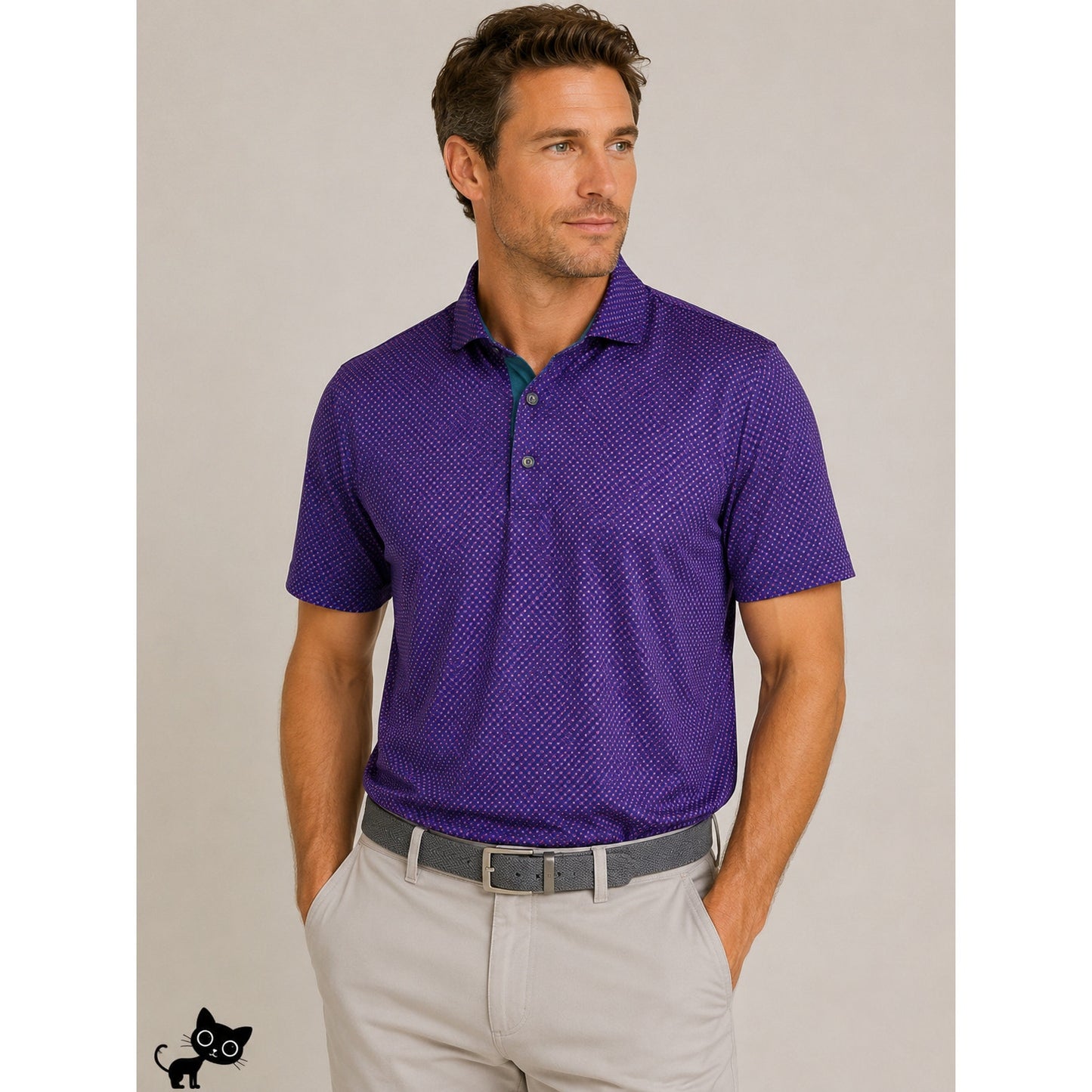 Greyson Purple & Red Square Polka Dot Design Golf Shirt L
