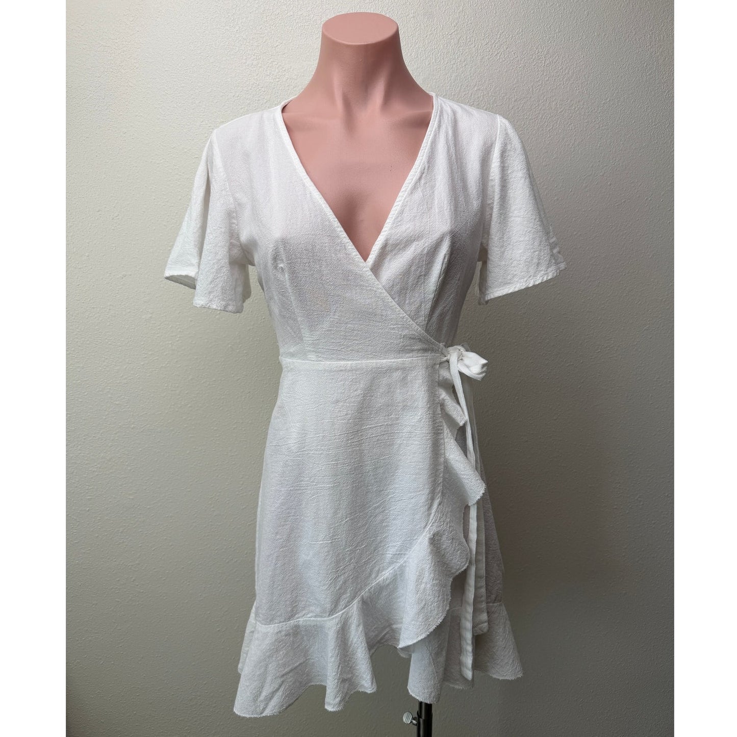 SHEIN White Cotton Wrap Mini Dress Short Sleeve Ruffle Hem Women's S