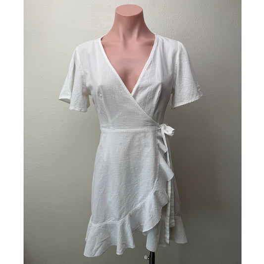 SHEIN White Cotton Wrap Mini Dress Short Sleeve Ruffle Hem Women's S