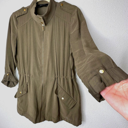 Zara Olive Green 3/4 Cuffed Sleeve Collared Zip Cinch Waist Jacket XS