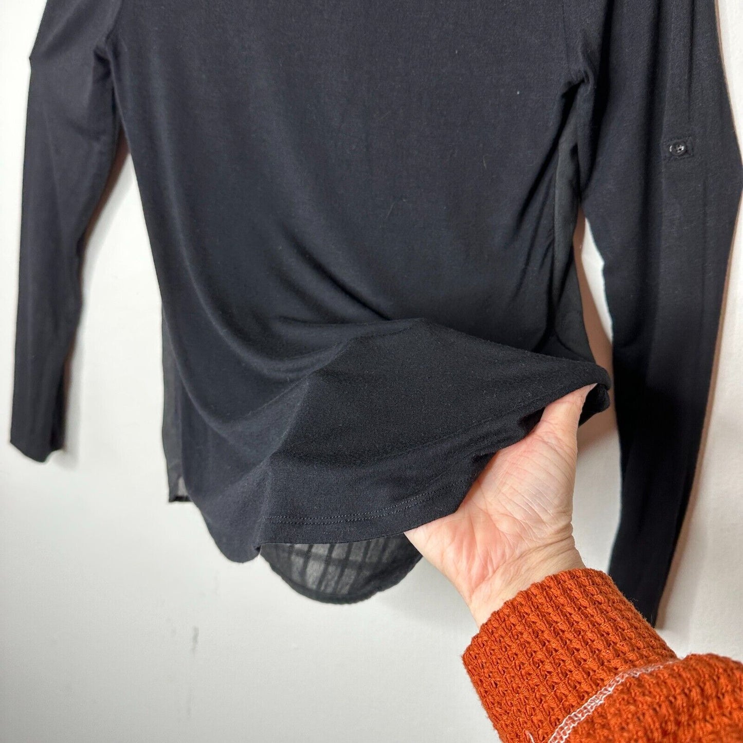 Skies Are Blue Black Stripe Stretch Front Pockets Long Sleeve Collar Blouse XS