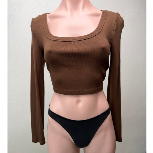 SHEIN Brown Ribbed Long Sleeve Square Neck Crop Top Size L
