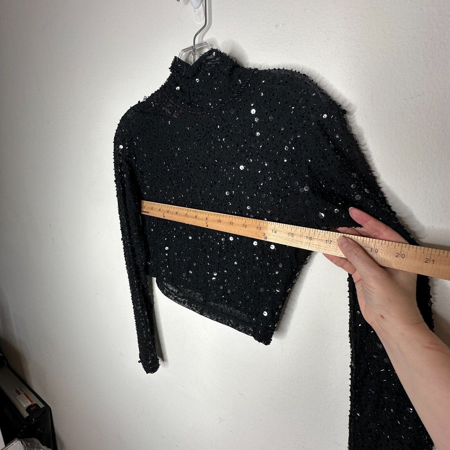 Dyspnea Sheer Black Sequin Mesh Mock Neck Long Sleeve Crop Top Hand Beaded Small