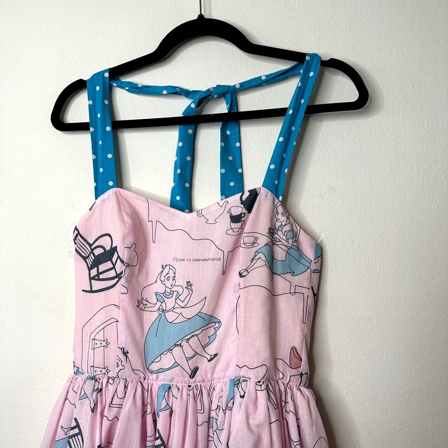 Cute Alice In Wonderland Print Pink & Blue Flowy Halter Top Apron Dress Zip SM
