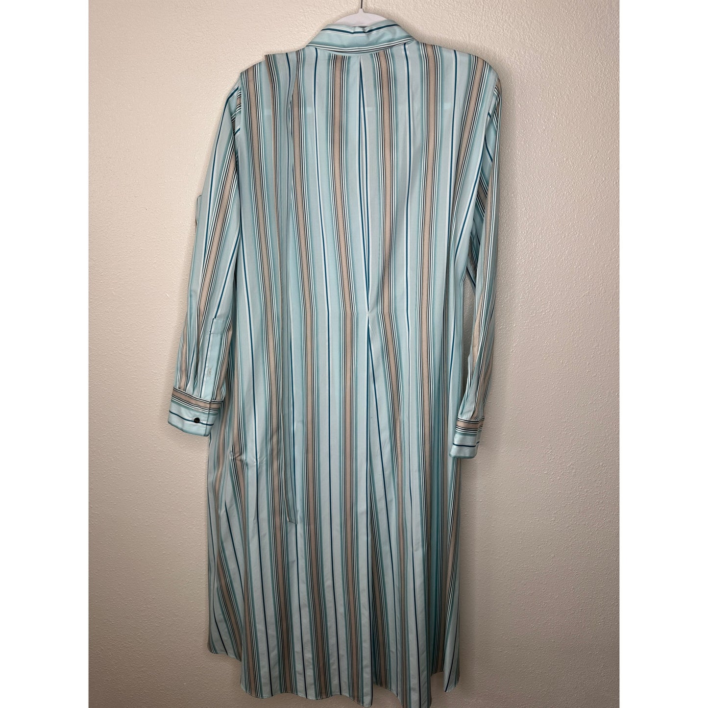 NWT Loro Piana Teal White Brown Stripe Front Button Tie Sash Wrap Dress XL