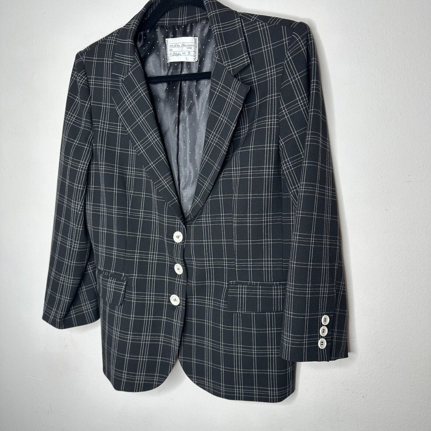 Ron Herman Black & White Stripe Plaid 3 Button Blazer Satin Dot Lining 5