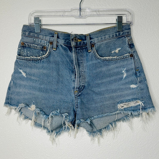 AGOLDE Medium Blue Raw Hem Distressed Button Fly Cut Off Jean Shorts 28