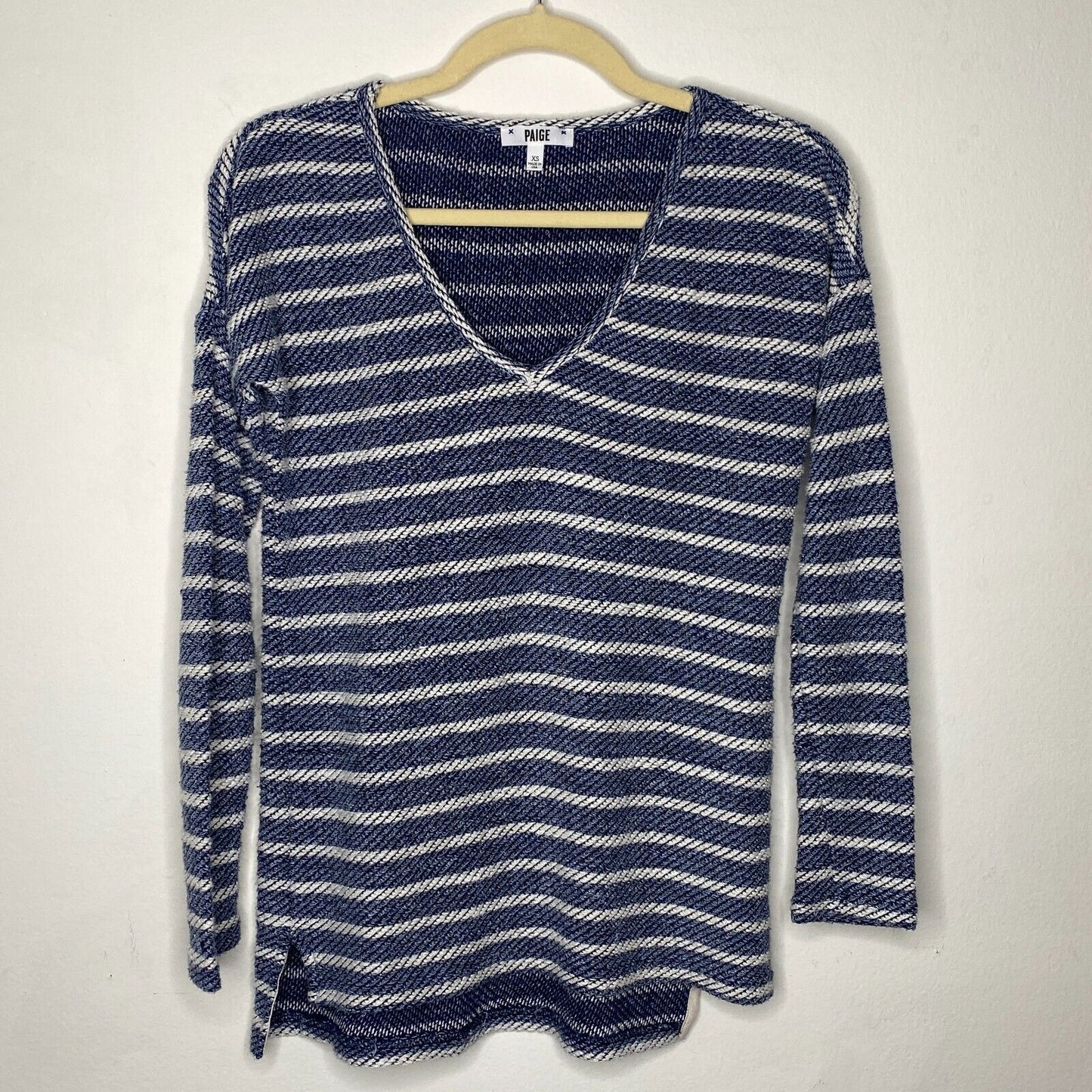 Paige Navy Blue White Martine Stripe Drop Shoulder Long Sleeve VNeck Sweater XS