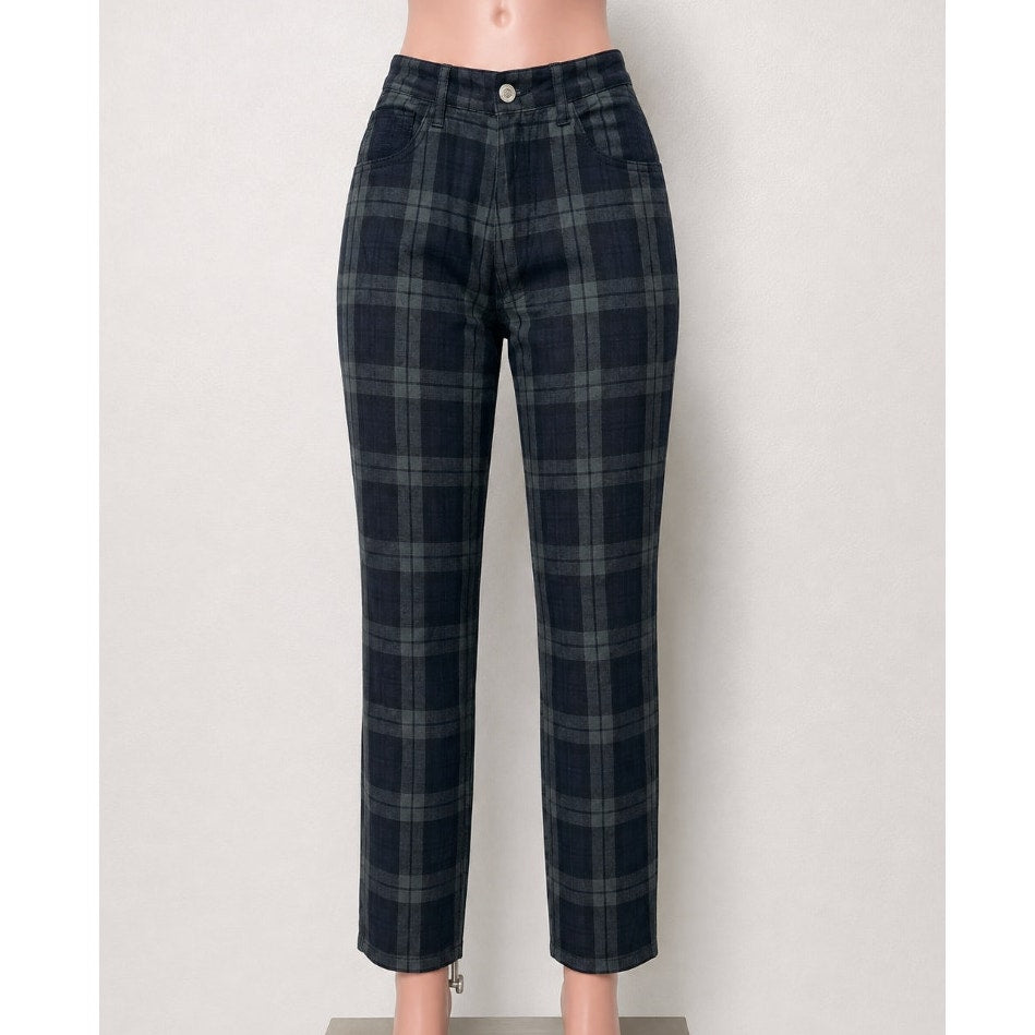 Brandy Melville John Galt Blue Green Plaid High Waist Zip Button Trouser Pant SM
