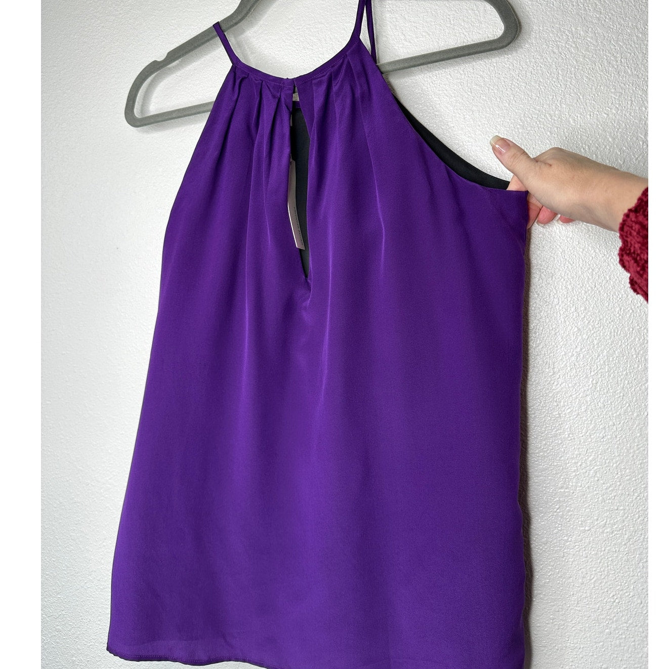 NWT Lavender Brown Purple Silk Front Pleat High Neck Keyhole Back Top L