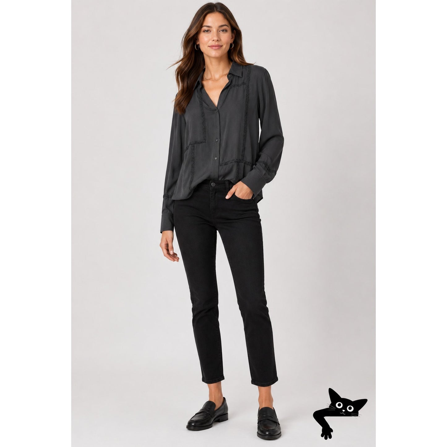 Rails Mona in Black Crepe Lace Long Sleeve Button Collared Shirt L