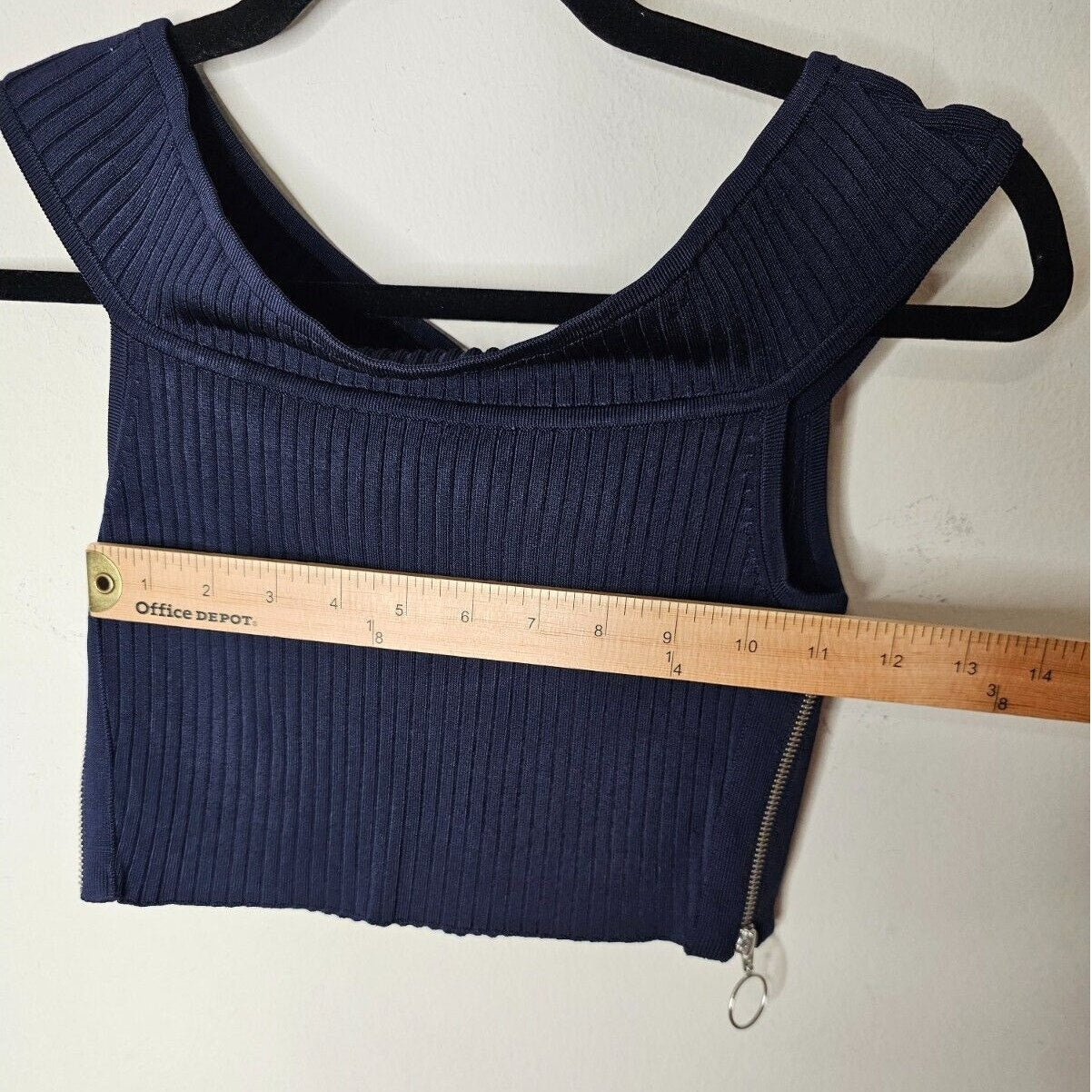 Arc Navy Blue Off Shoulder Ribbed Sweater Silver Side Zip Crop Top P S