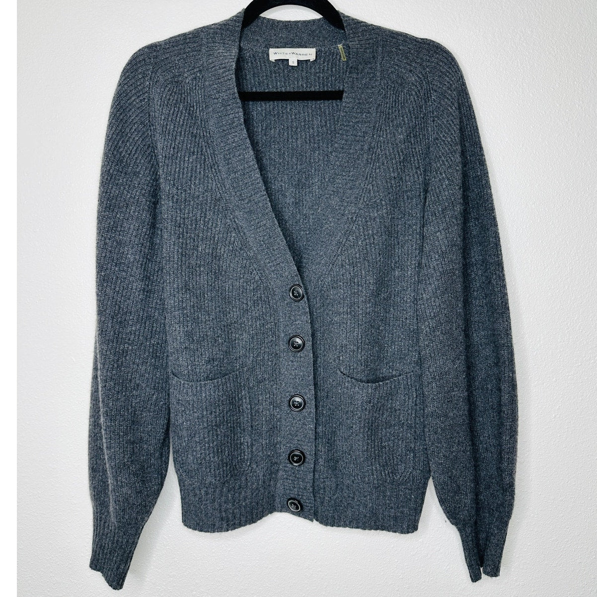 White + Warren Gray Recycled Cashmere Ribbed Button Boyfriend Cardigan S