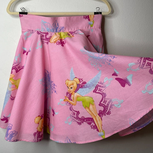 RARE Vintage Pink Tinker Bell Print Circle Skirt Lined Zip & Button Close S