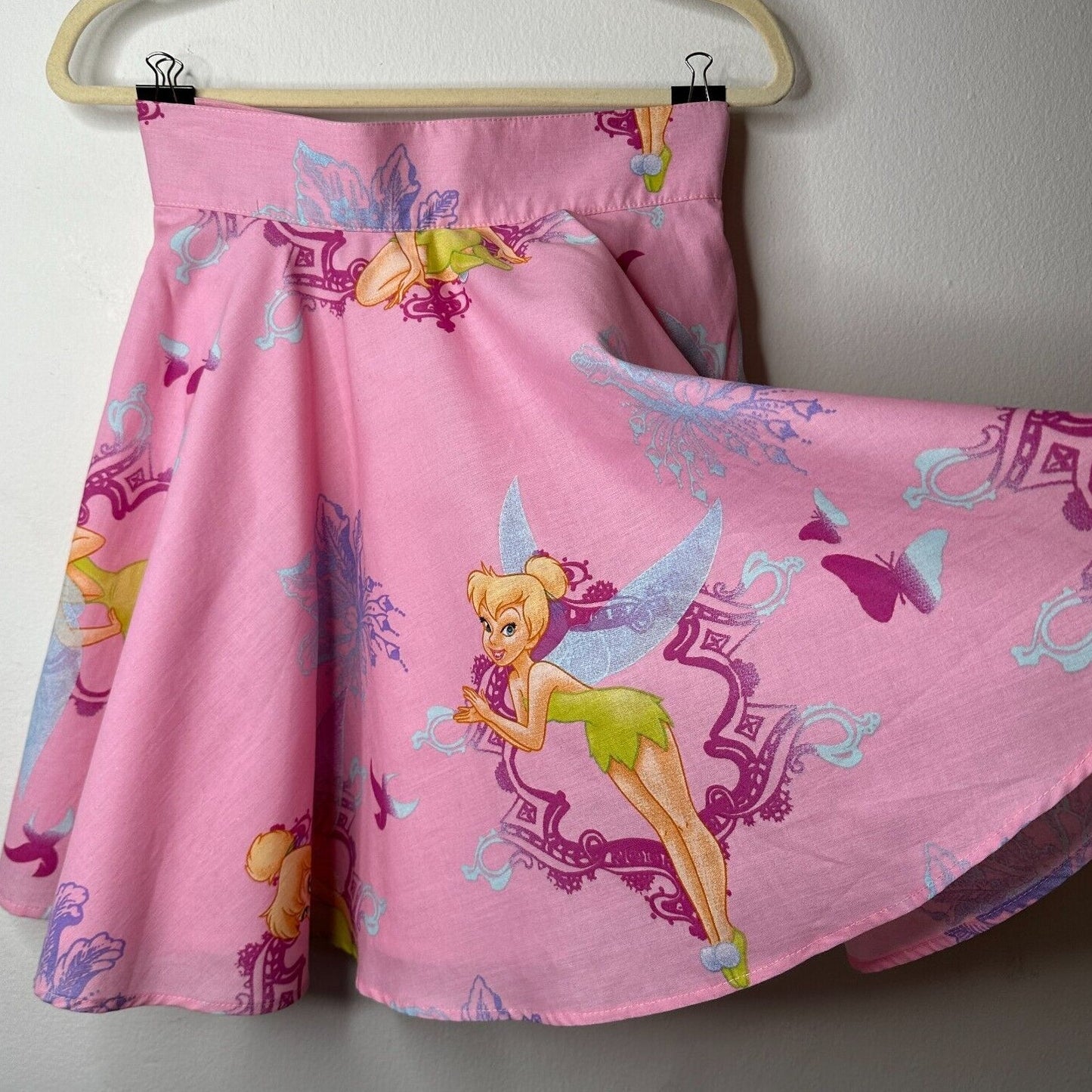RARE Vintage Pink Tinker Bell Print Circle Skirt Lined Zip & Button Close S