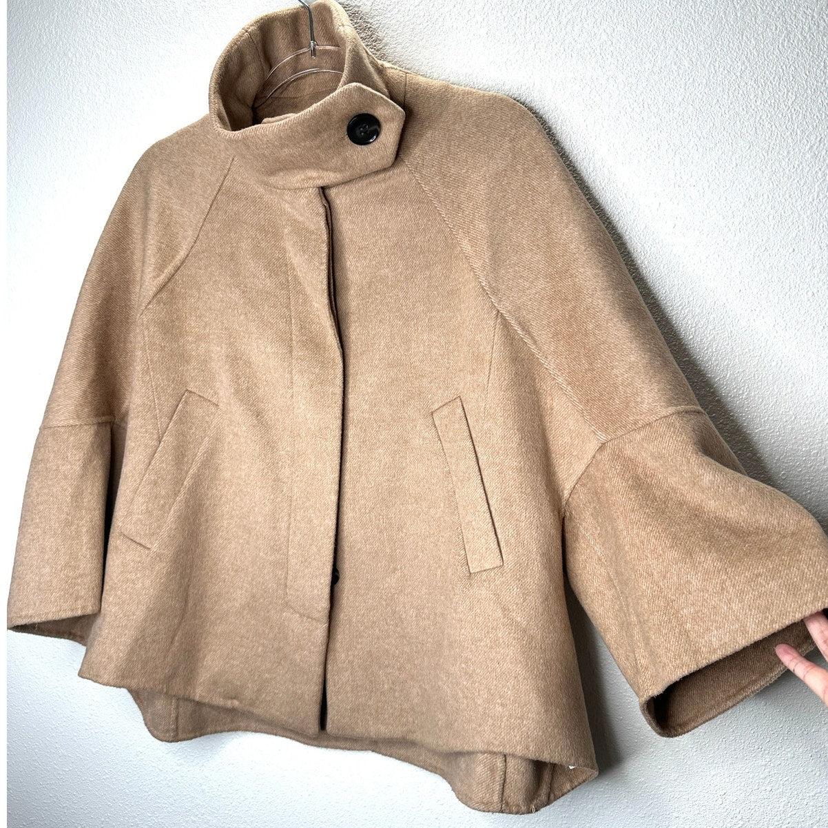 Zara Tan Fuzzy 3/4 Sleeve High Low Front Button Jacket Small