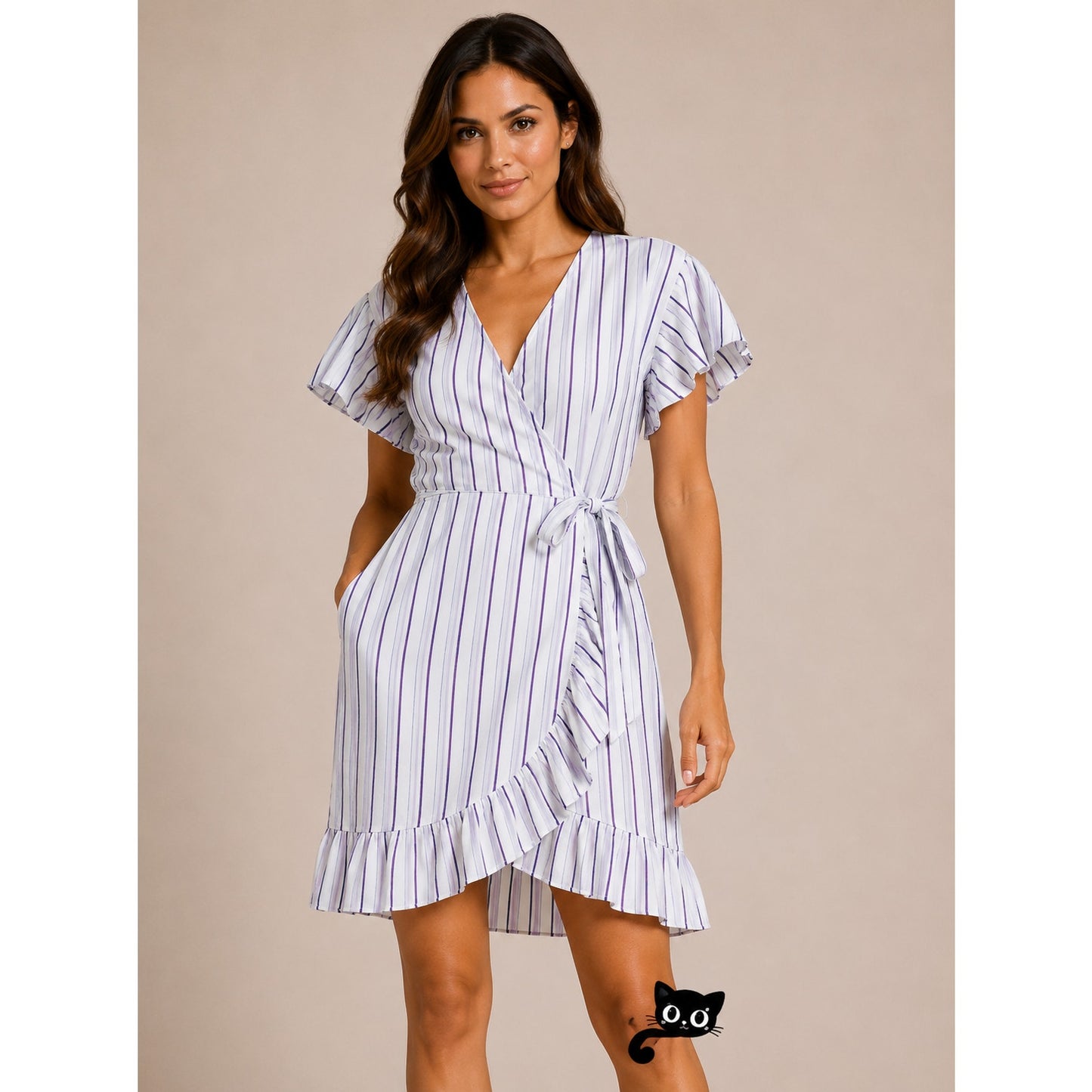 NWT Lavender Brown White and Blue Pinstripe Short Sleeve Ruffle Hem Wrap Dress S