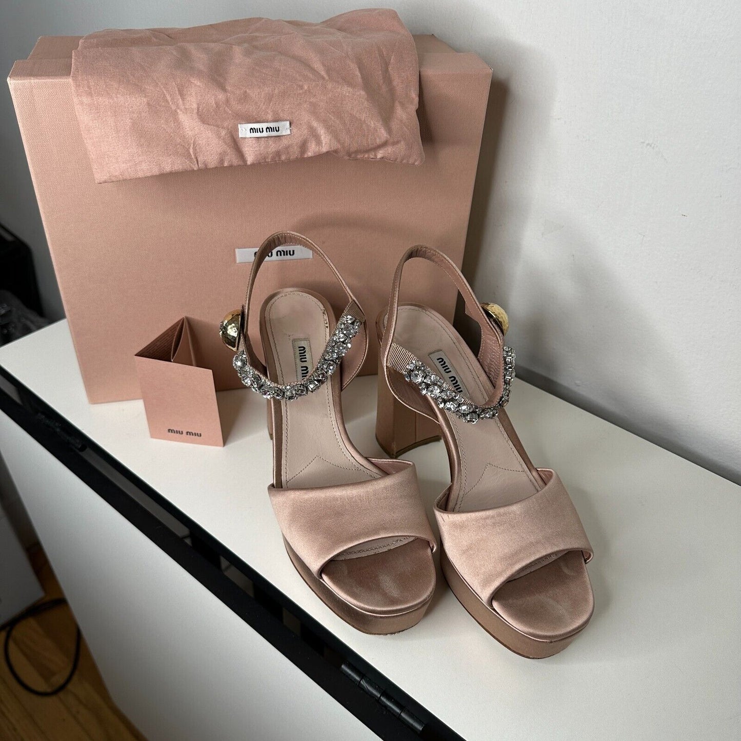 Miu Miu Nude Calzature Donna Satin Crystal Ankle Strap Platform Block Heels 10.5